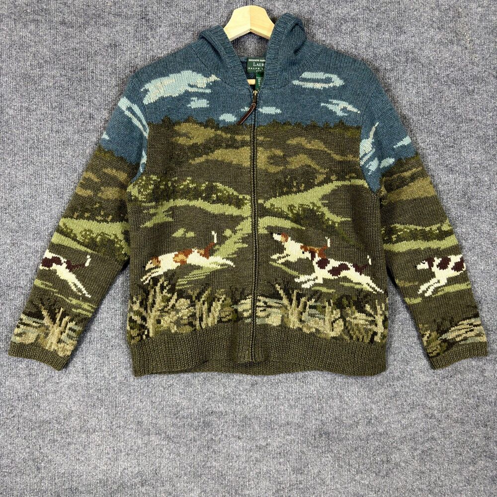 Lauren Ralph Lauren Women's PS Hand Knit Sweater Hoodie Dog Hunting Scene Rare
